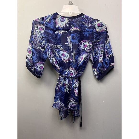 Aqua Tie front semi sheer Blouse Womens Small Blue Purple Floral Cover up - Picture 2 of 6